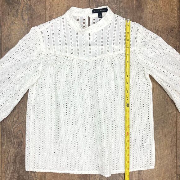 Banana Republic White Eyelet Mock Neck Peasant‎ Prairie 100% Cotton Blouse XSP - Picture 7 of 8